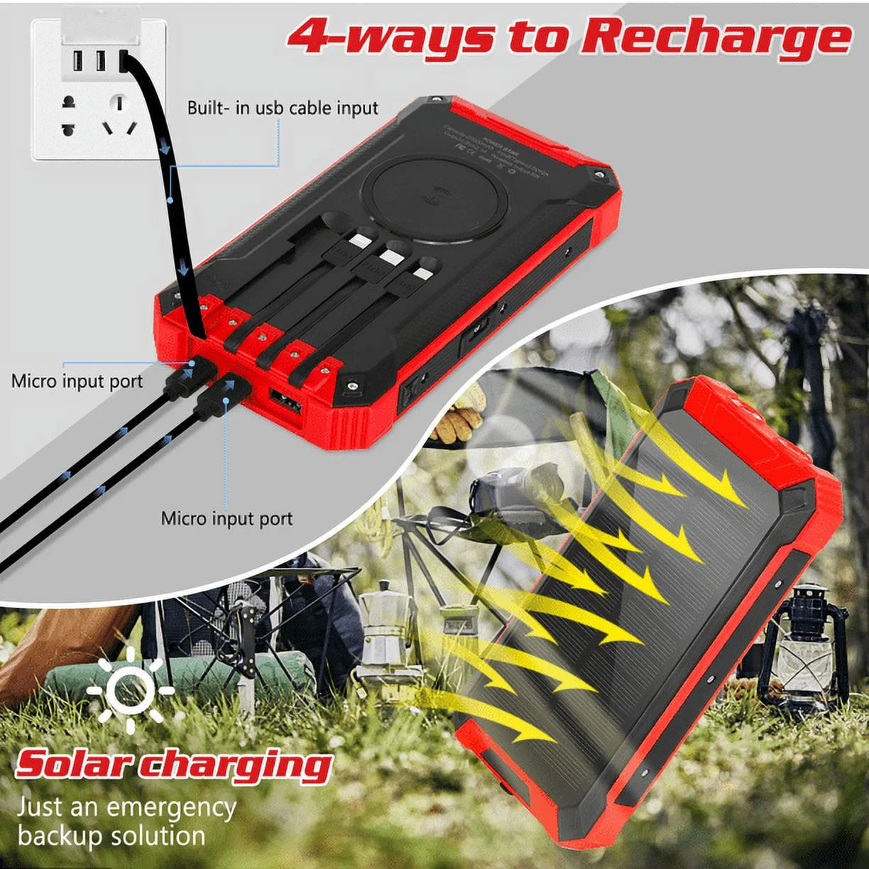 Solar power bank 20000mah built-in 4 cables qi wireless charger for ulefone armor 9 with led flashlight solar portable external battery ipx4 waterproof 15w 5v/3a usb c port 6 outputs 3 inputs