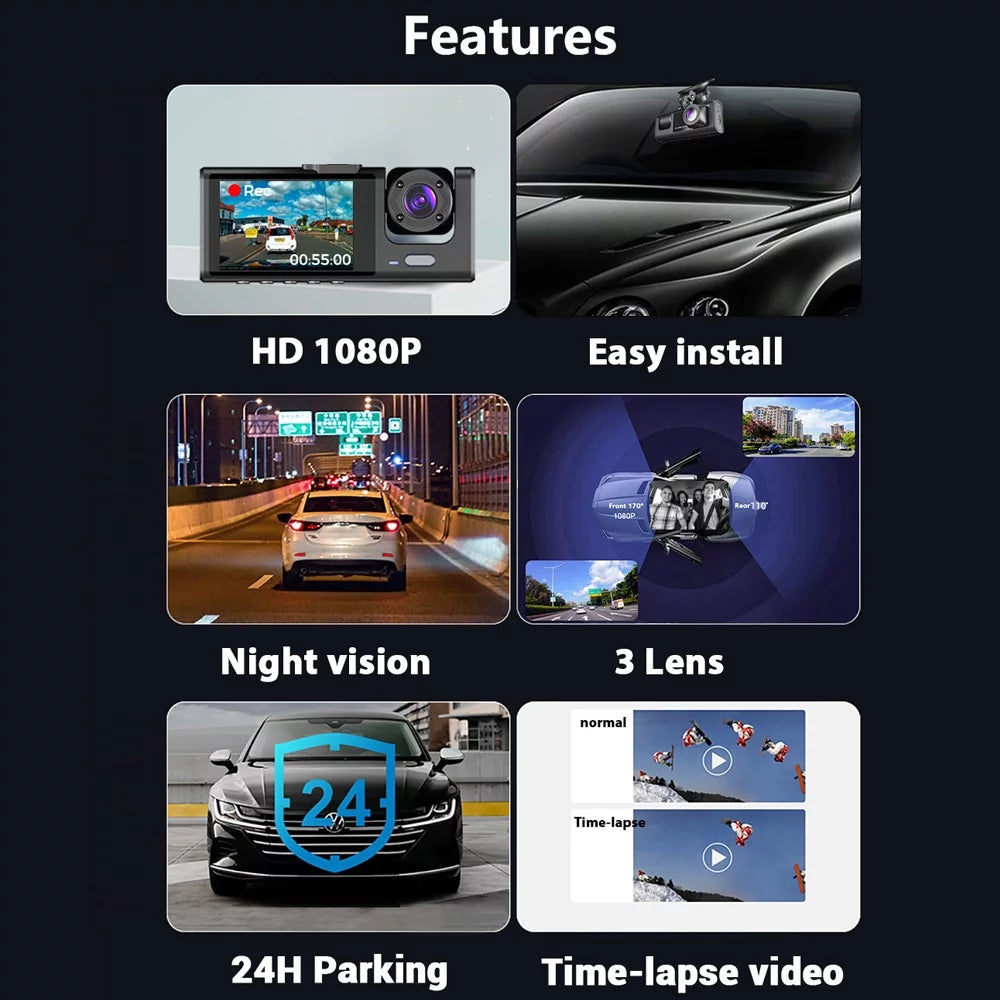 Ammoon 3 camera dash cam with wifi, clear car video recorder for auto safety driving