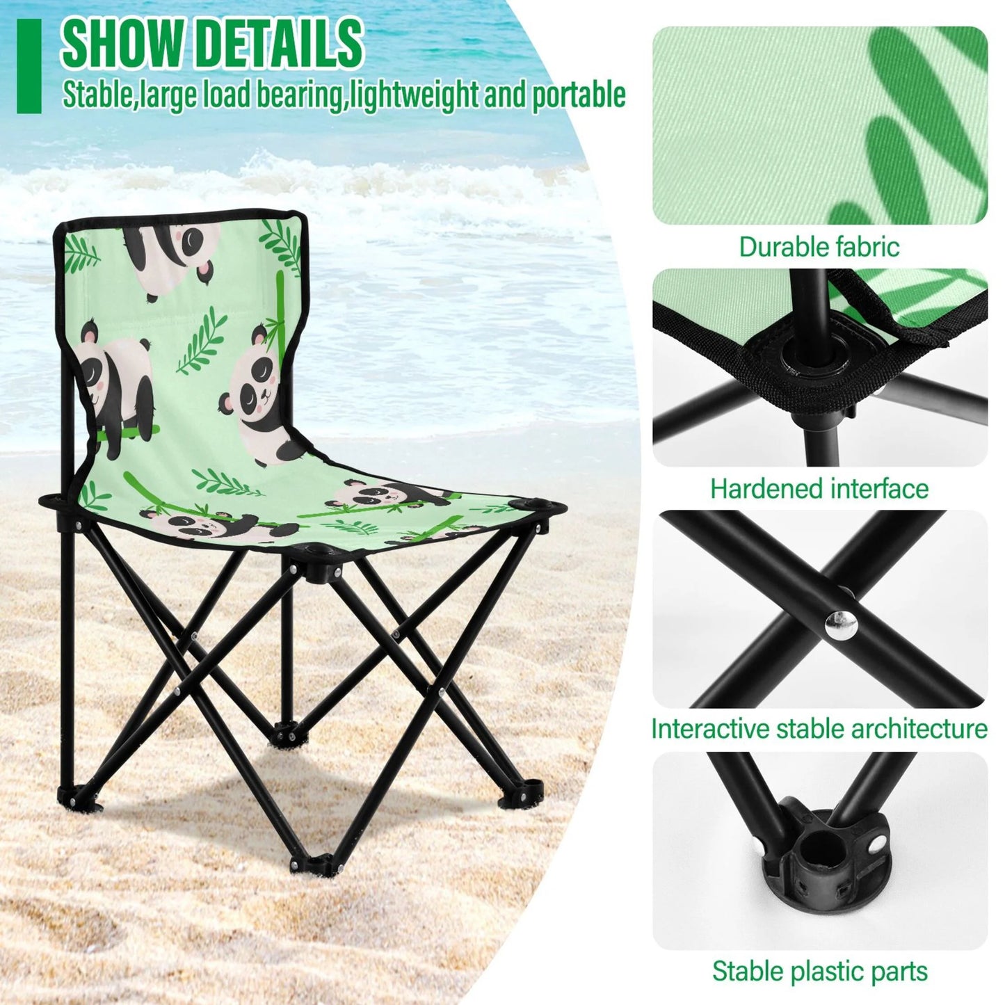 Cartoon panda and bamboos portable camping chair outdoor folding beach chair fishing chair lawn chair with carry bag support to 220lbs