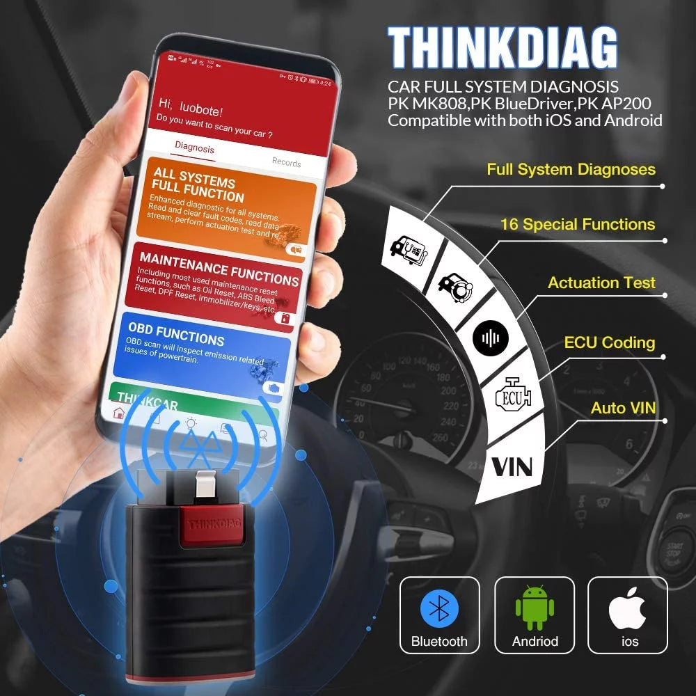 Bluetooth obd2 scanner full systems car diagnostic tool code reader (2 year software included) 15 maintenance functions for cars since 1996- thinkcar  thinkdiag