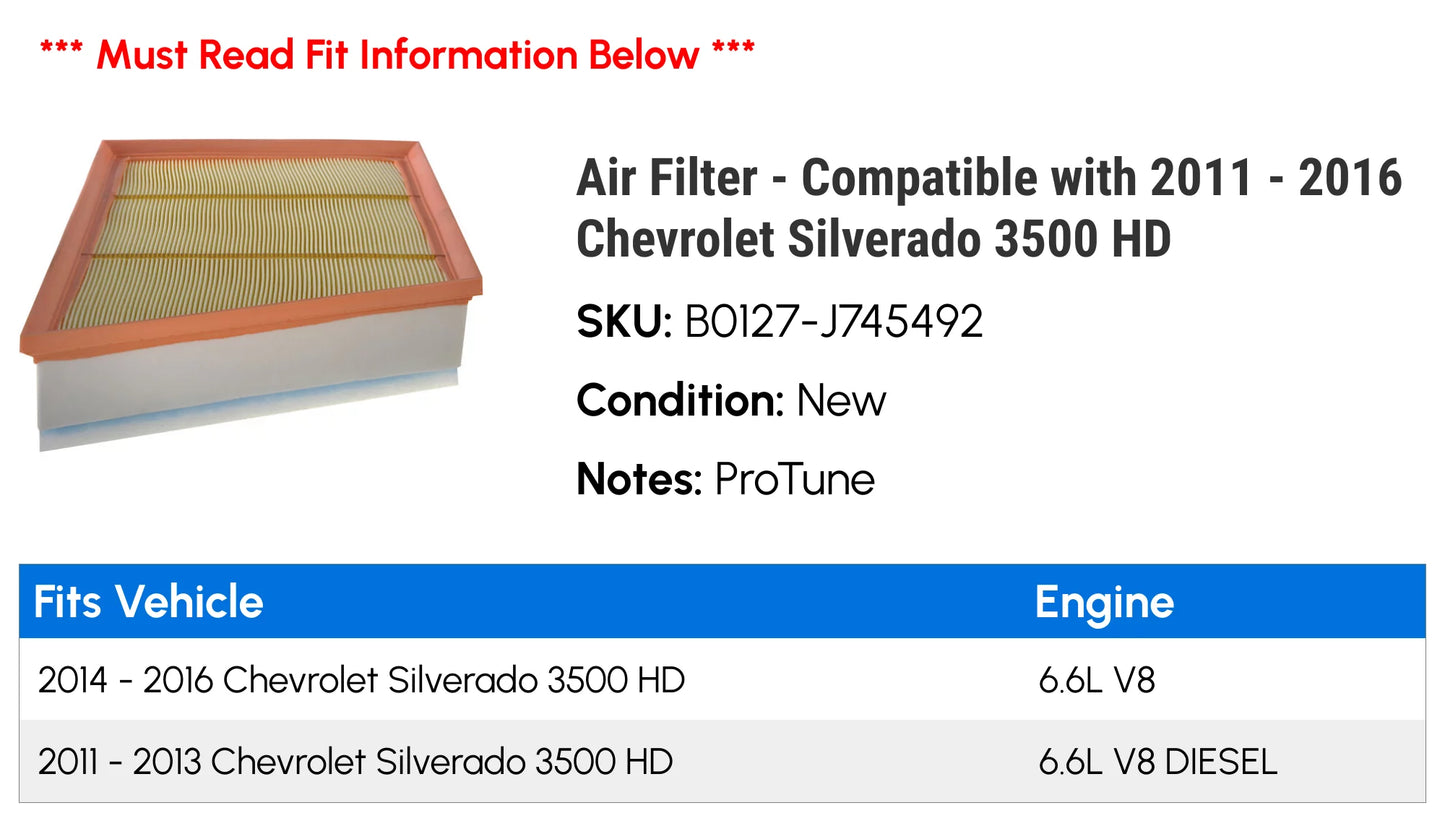 Air filter - compatible with 2011 - 2016 chevy silverado 3500 hd 2012 2013 2014 2015