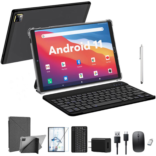 10 inch tablet android 11 tablets  with keyboard, 4gb ram 64gb rom 128gb expand, 5g/2.4g wi-fi, hd ips display, 6000mah tablet pc with case,mouse,gms certified,black