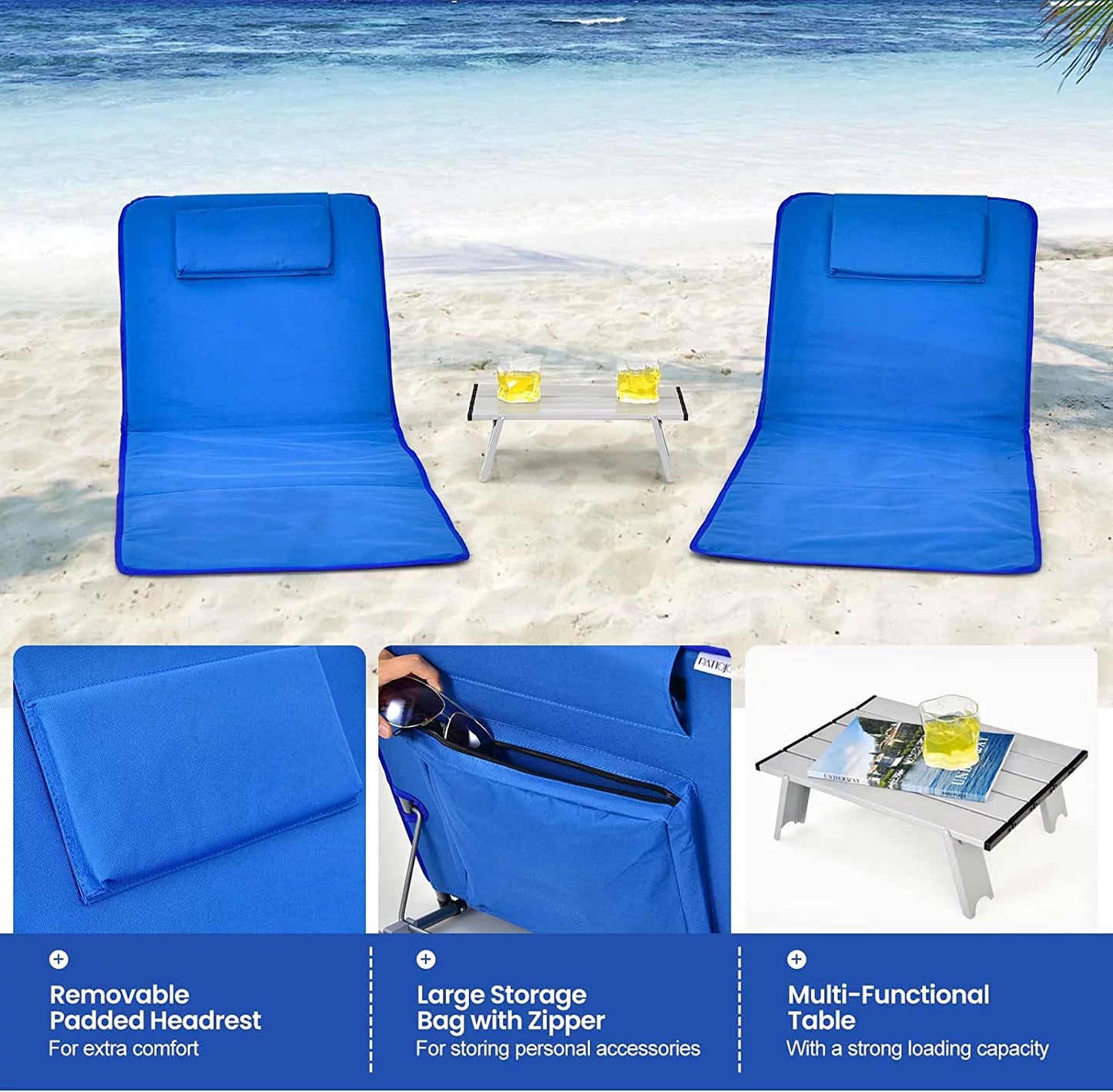 Beach chairs for adults with side table, folding lounge chairs, 5 position adjustable lawn chair for sunbathing, camping, 2-pack set