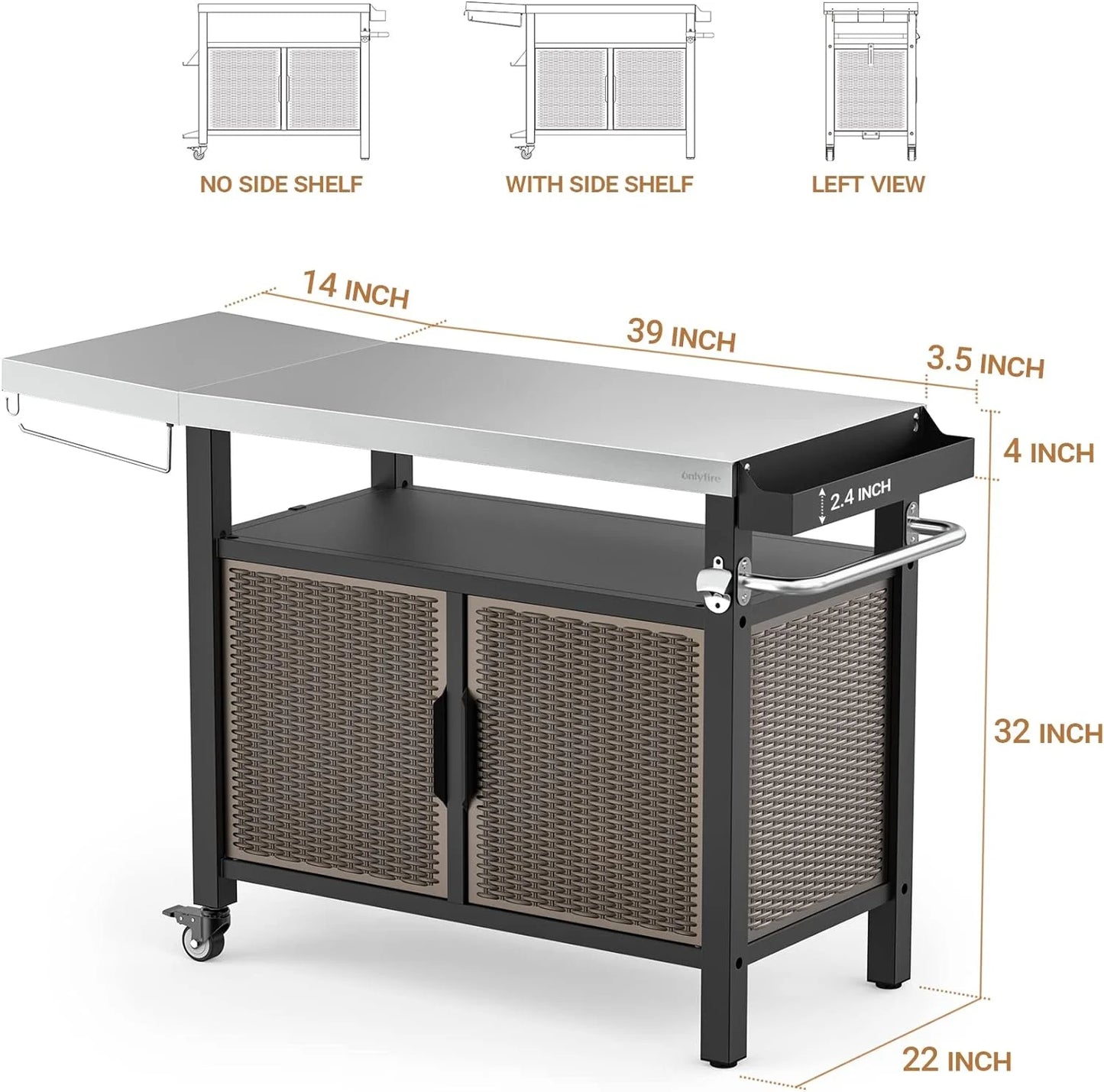 Susimond 53-inch dining cart table storage cabinet with xl stainless steel countertop, rolling kitchen island worktable with side shelf and wheels for indoor outdoor