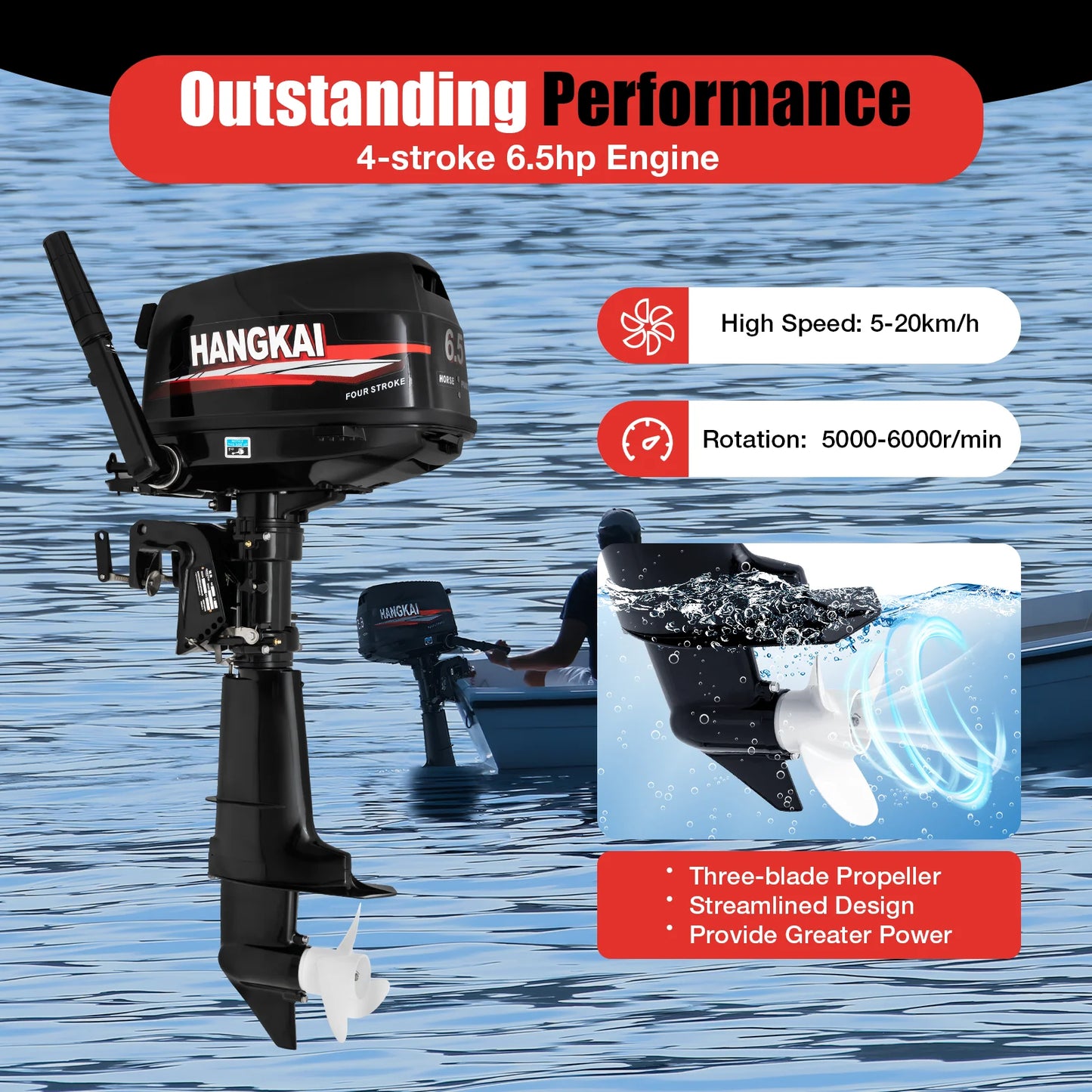 Anqidi 6.5hp 4 stroke outboard motor 123cc heavy duty boat engine with single cylinder water cooling system & cdi ignition tiller control max 6000r/min