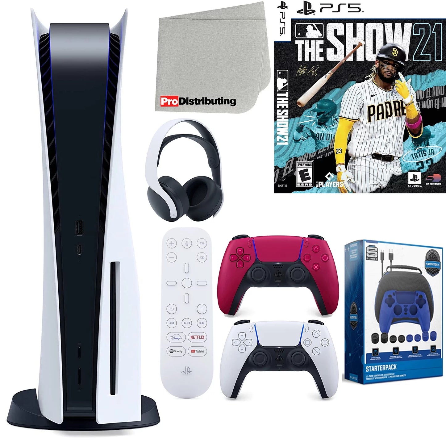 Sony playstation 5 disc version (sony ps5 disc) with cosmic red extra controller, headset, media remote, mlb the show 21, accessory starter kit and microfiber cleaning cloth bundle