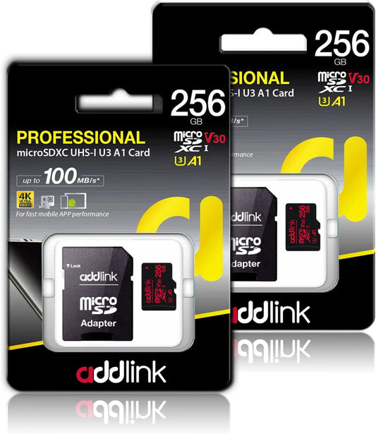 Addlink rosdxc 256gb 2-pack + adapter uhs-1 u4 v30, designed to fit android smartphones, camera, dash cam tablets, go