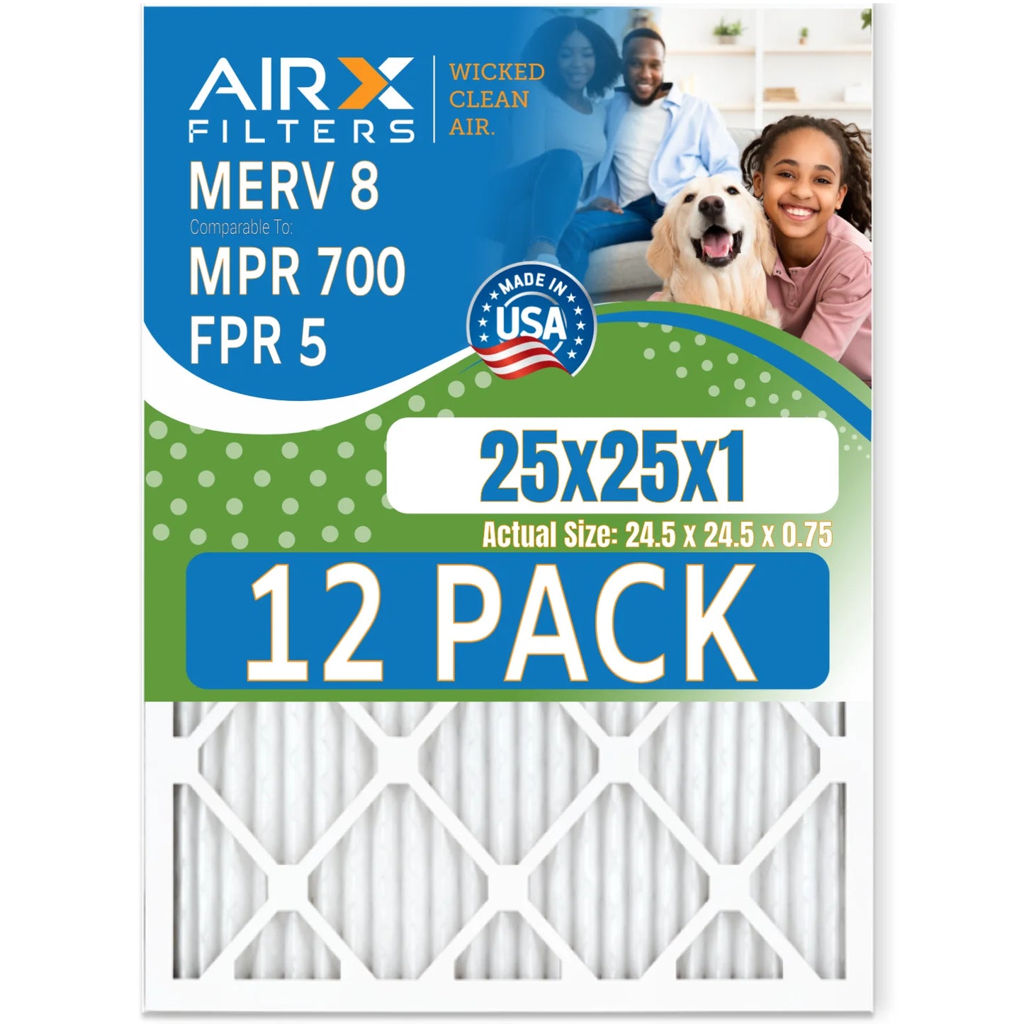 25x25x1 air filter merv 8 rating, 12 pack of furnace filters comparable to mpr 700 & fpr 5 - made in usa by airx filters wicked clean air.