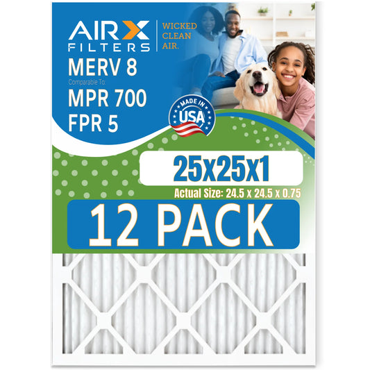 25x25x1 air filter merv 8 rating, 12 pack of furnace filters comparable to mpr 700 & fpr 5 - made in usa by airx filters wicked clean air.