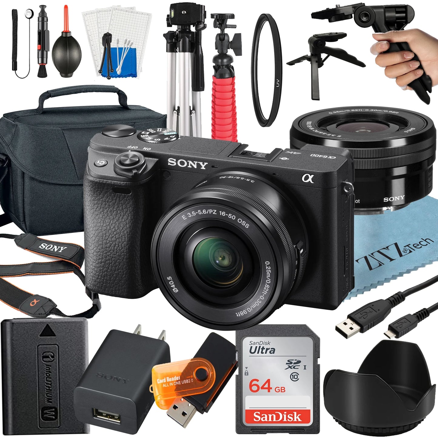 Sony alpha a6400 mirrorless digital camera with e pz 16-50mm oss lens, 64gb sandisk card, tripod, case, zeetech accessory bundle