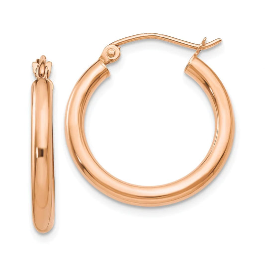 Real 14kt rose gold polished 2.5mm lightweight tube hoop earrings; for adults and teens; for women and men