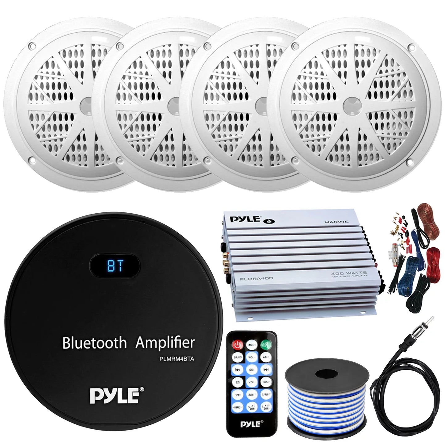 21-29' pontoon boat audio bundle: pyle gauge style bluetooth usb aux marine receiver bundle combo with 4 x 6.5'' 120w white marine speakers, 4-channel amp w/ wiring kit, speaker wire, radio antenna