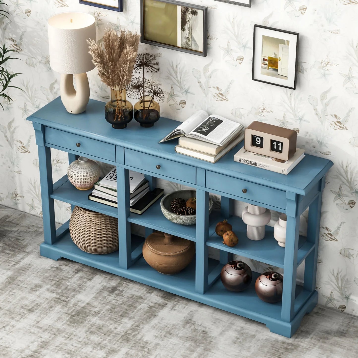 Trexm retro console table/sideboard with ample storage  open shelves and drawers for living room (navy  old sku  wf298765aam)