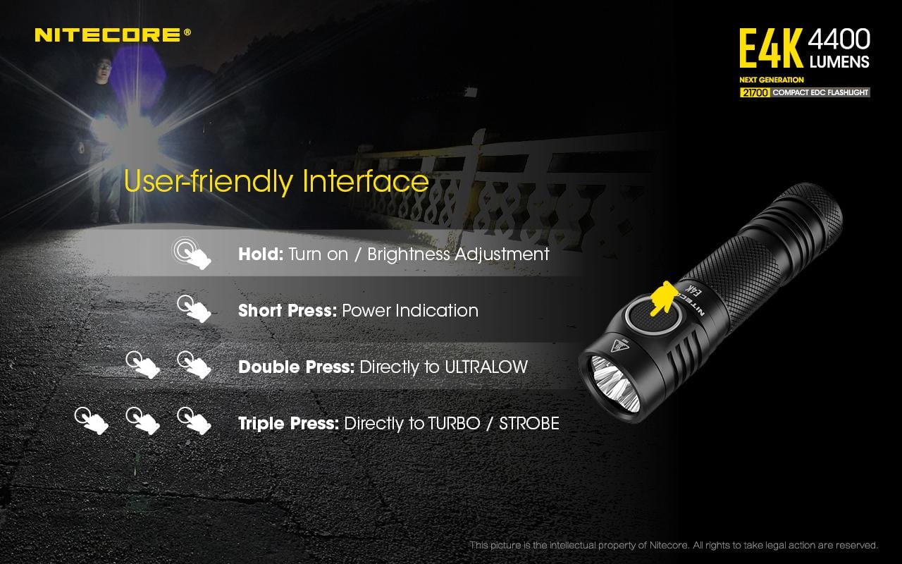 Combo: nitecore e4k next generation flashlight - 4400lm w/nl2150hpi  and  nl2150hpr batteries +a1 magnetic charger  and  eco-sensa usb cord