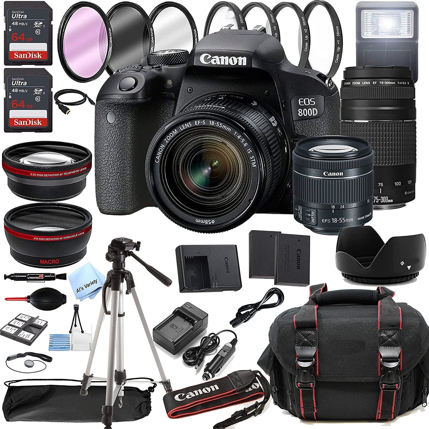 Canon eos 800d rebel t7i dslr camera w/ef-s 18-55mm f/4-5.6 is stm zoom lens + 75-300mm f/4-5.6 iii lens + 128gb memory + case + tripod + filters 38pc bundle