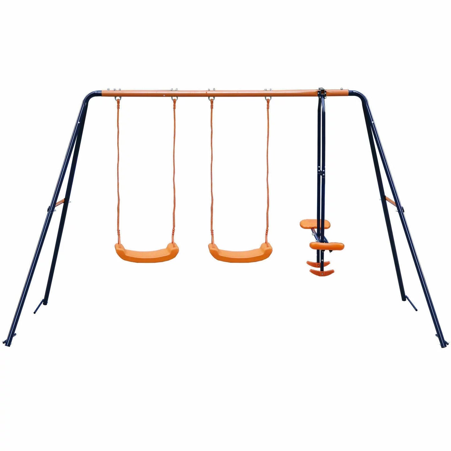 Zenstyle double metal swing set w/ 2 saucer swing seats, 1 seesaw for outdoor, backyard - kids toddler toy, all weather resistant