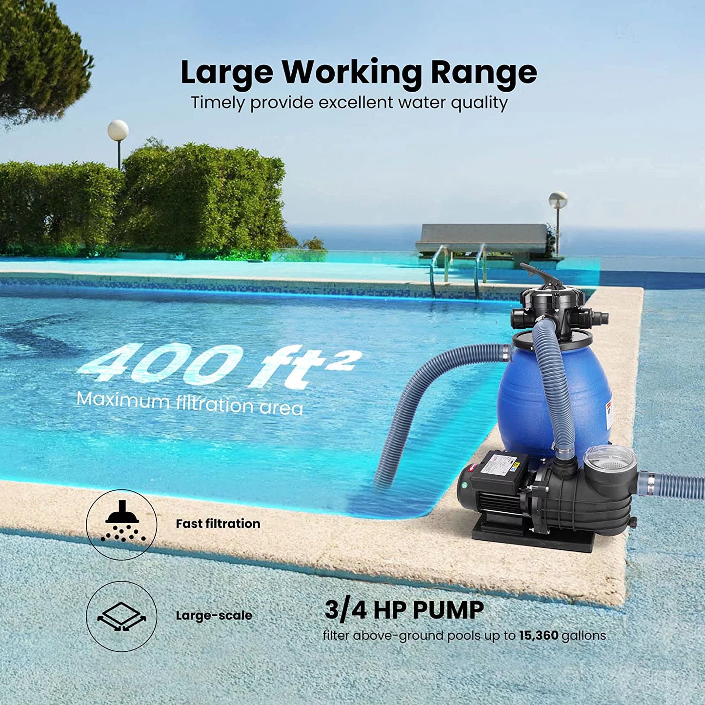 Vivohome sand filter with 3/4 hp pool pump, 2380 gph fits 15360 gallons pool, 45 pound sand capacity