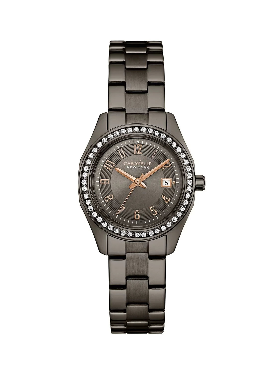 Caravelle 45m110 women's crystal grey dial gunmetal ip steel bracelet watch