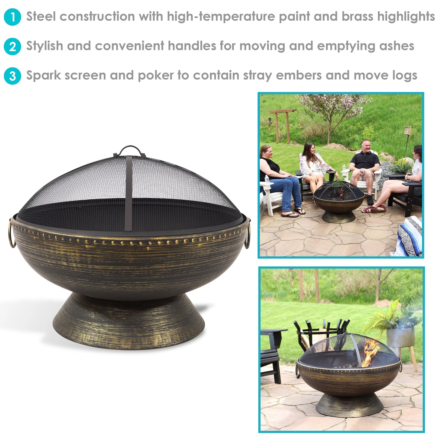 Sunnydaze 30" royal outdoor steel fire pit with spark screen and poker