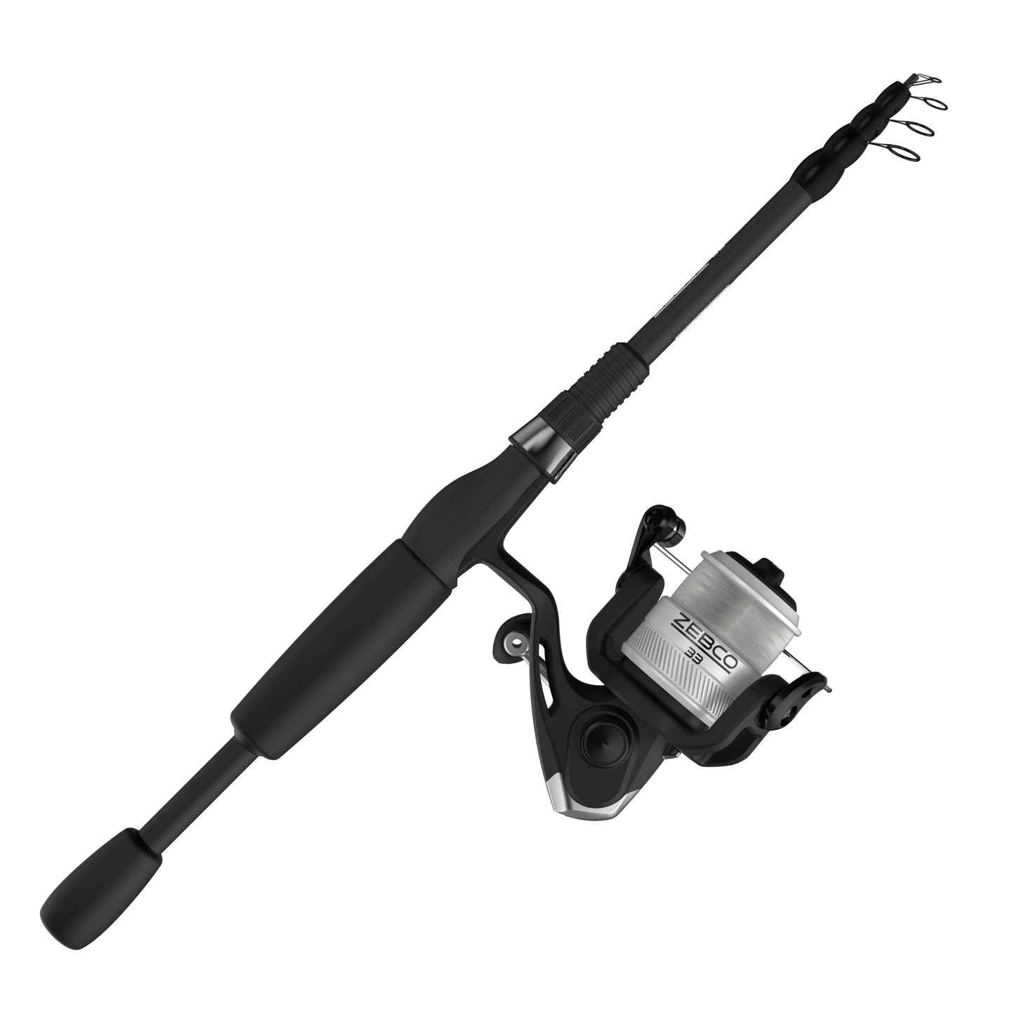 Zebco 33 spinning reel and telescopic fishing rod combo, 6-foot rod, size 30 reel, silver/black