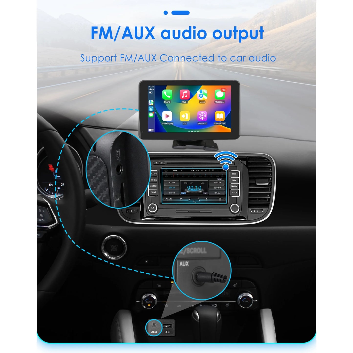 Bluetooth apple carplay 7" touchscreen portable car radio stereo head unit 360° adjustable mirror link android auto gps navigation player with backup camera