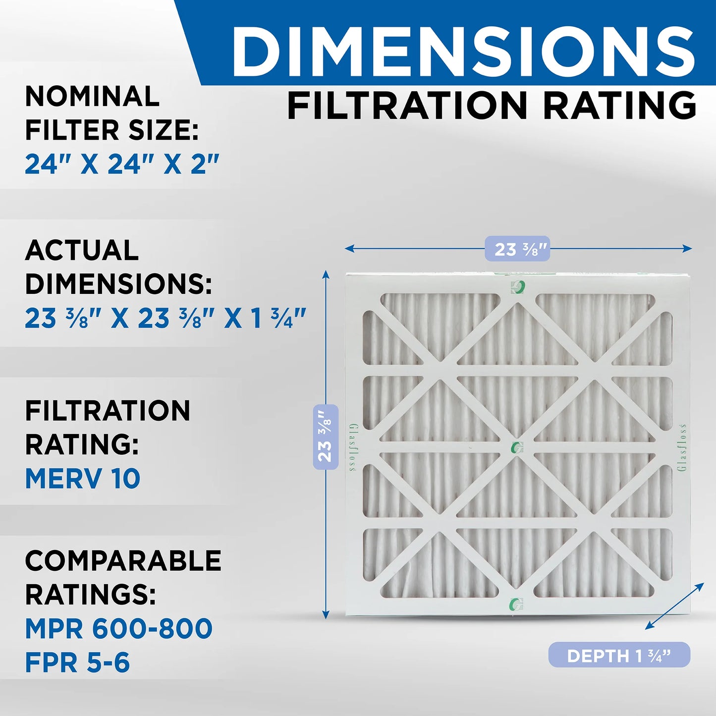 24x24x2 merv 10 pleated hvac air filters by glasfloss. ( quantity 5 ) exact size: 23-3/8 x 23-3/8 x 1-3/4