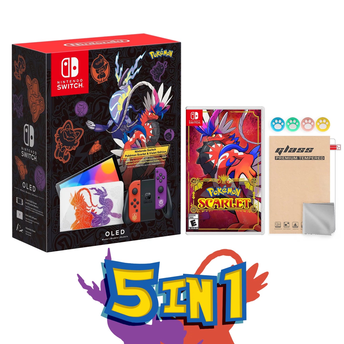 2022 nintendo switch oled model pokemon scarlet & violet limited edition, pokemon illustrations 64gb console, koraidon and miraidon glossy white dock, pokemon scarlet game and mytrix accessories