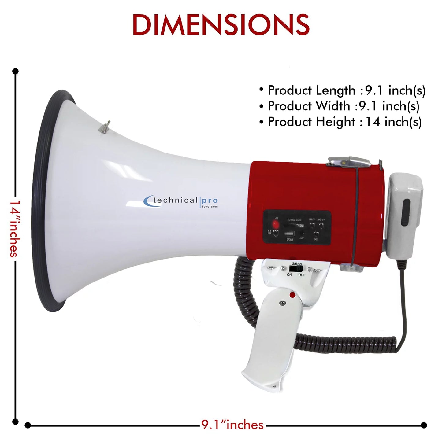 Technical pro portable 50-watt megaphone bullhorn speaker w/ siren and detachable microphone w/ rechargeable battery for