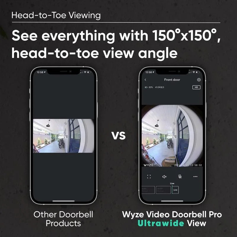 Wyze video doorbell pro — battery, wireless doorbell camera w/ qhd video, adhesive sticks to walls, 1:1 aspect ratio,  2-way audio, color night vision,  works w/ alexa and google assistant