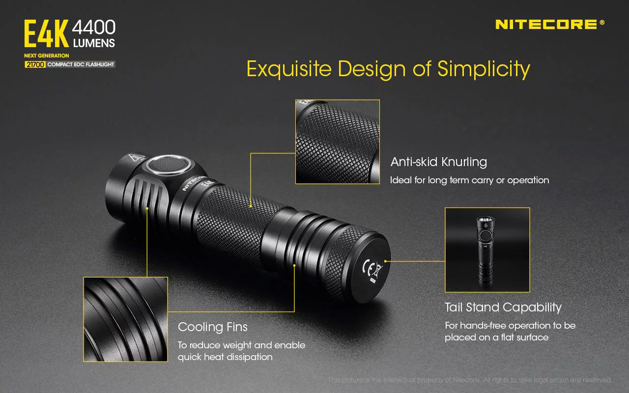 Combo: nitecore e4k next generation flashlight - 4400lm w/nl2150hpi  and  nl2150hpr batteries +a1 magnetic charger  and  eco-sensa usb cord