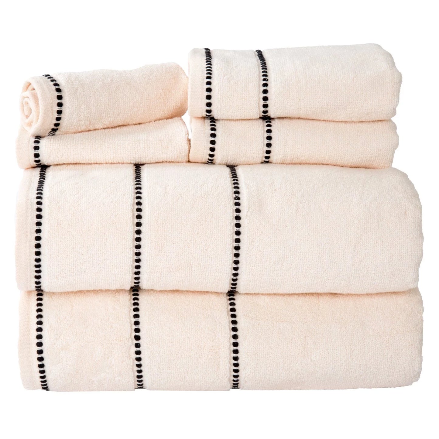 Trademark global  luxury cotton towel set- quick dry zero twist & soft set, bone & black - 6 piece