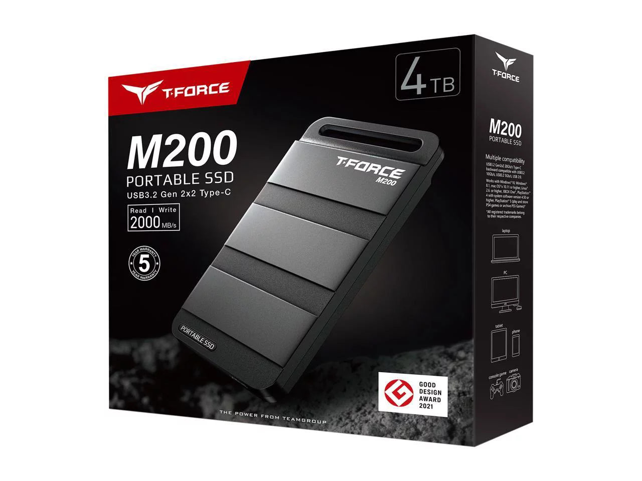 Team group t-force m200 4tb portable ssd usb3.2 gen 2x2 type-c, read/write 2000mb/s compatible with ps5 & xbox & chrome os (t8fed9500g0c102)