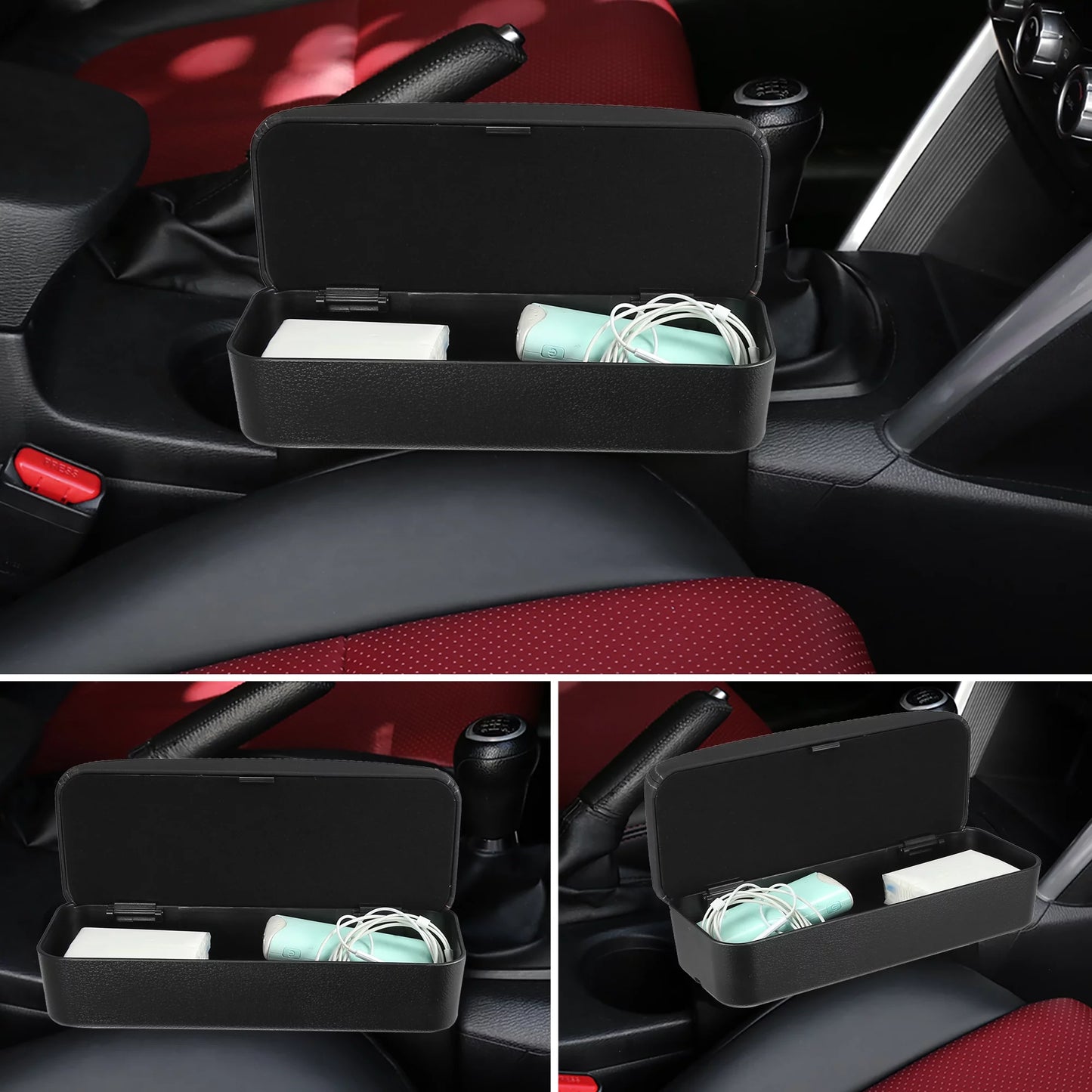 Car center armrest box seat gap adjustable armrest storage organizer box armrest black pu leather with black line