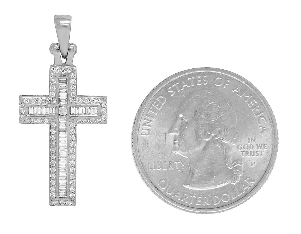 14k white gold diamond baguette cross 1.25" 0.4ct