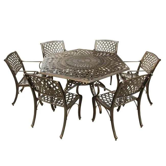 1822-1016-6-bz 63 in. contemporary modern outdoor mesh lattice aluminium hexagon dining set with lazy susan & six chairs, bronze