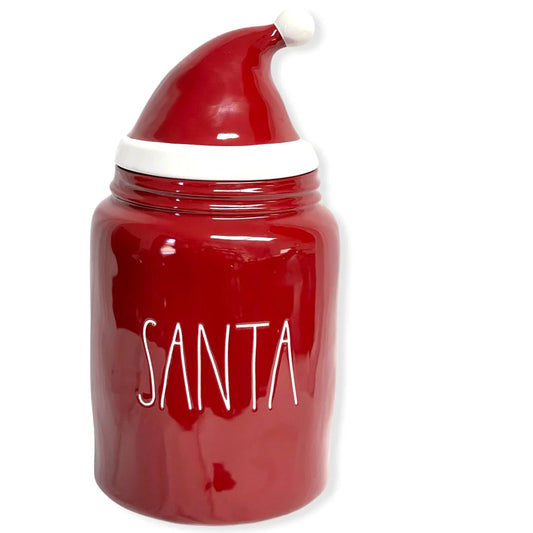 Rae dunn red santa ll font canister round container with hat topper