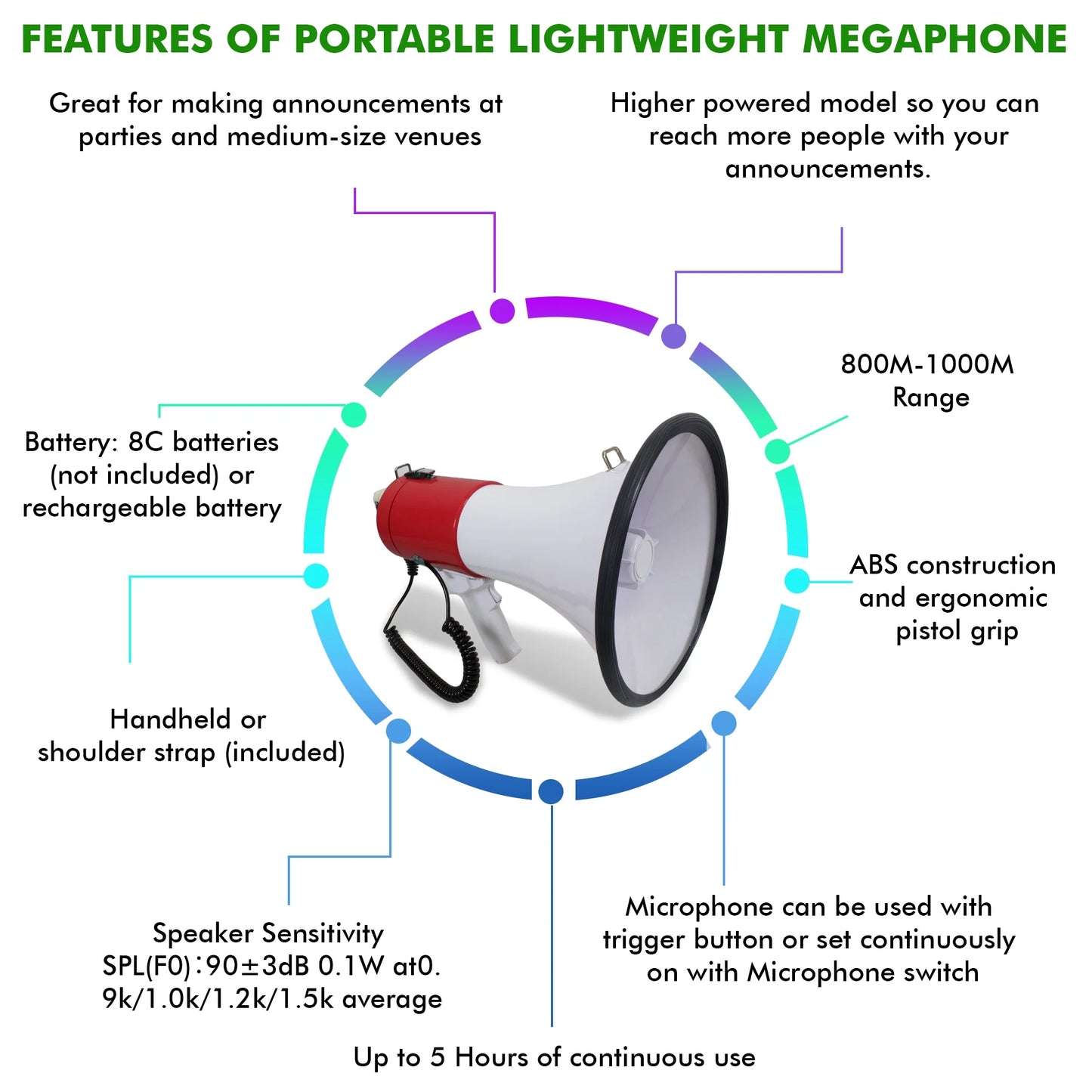 Technical pro portable 40 watts 800m-1000m range megaphone bullhorn with strap siren volume control for trainers