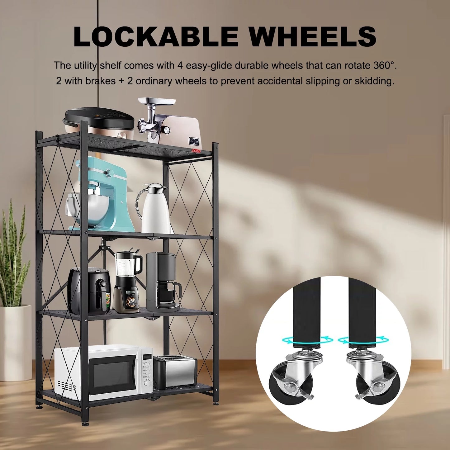 4-tier foldable storage shelf with wheels - metal collapsible shelving unit display, rolling cart for books kitchen storage shelves, pantry & closet organizer, office room decor - black