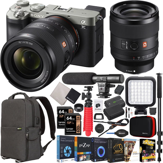 Sony a7c mirrorless full frame camera body + sony fe 35mm f1.4 gm g master lens sel35f14gm silver ilce7c/s bundle with deco gear photography backpack case + microphone + led + monopod and accessories