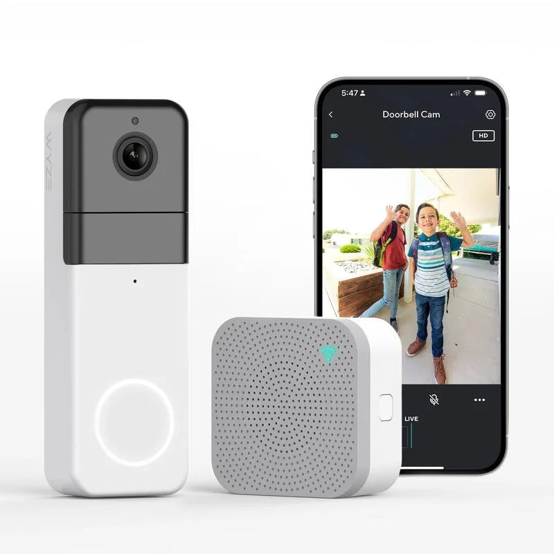 Wyze video doorbell pro — battery, wireless doorbell camera w/ qhd video, adhesive sticks to walls, 1:1 aspect ratio,  2-way audio, color night vision,  works w/ alexa and google assistant