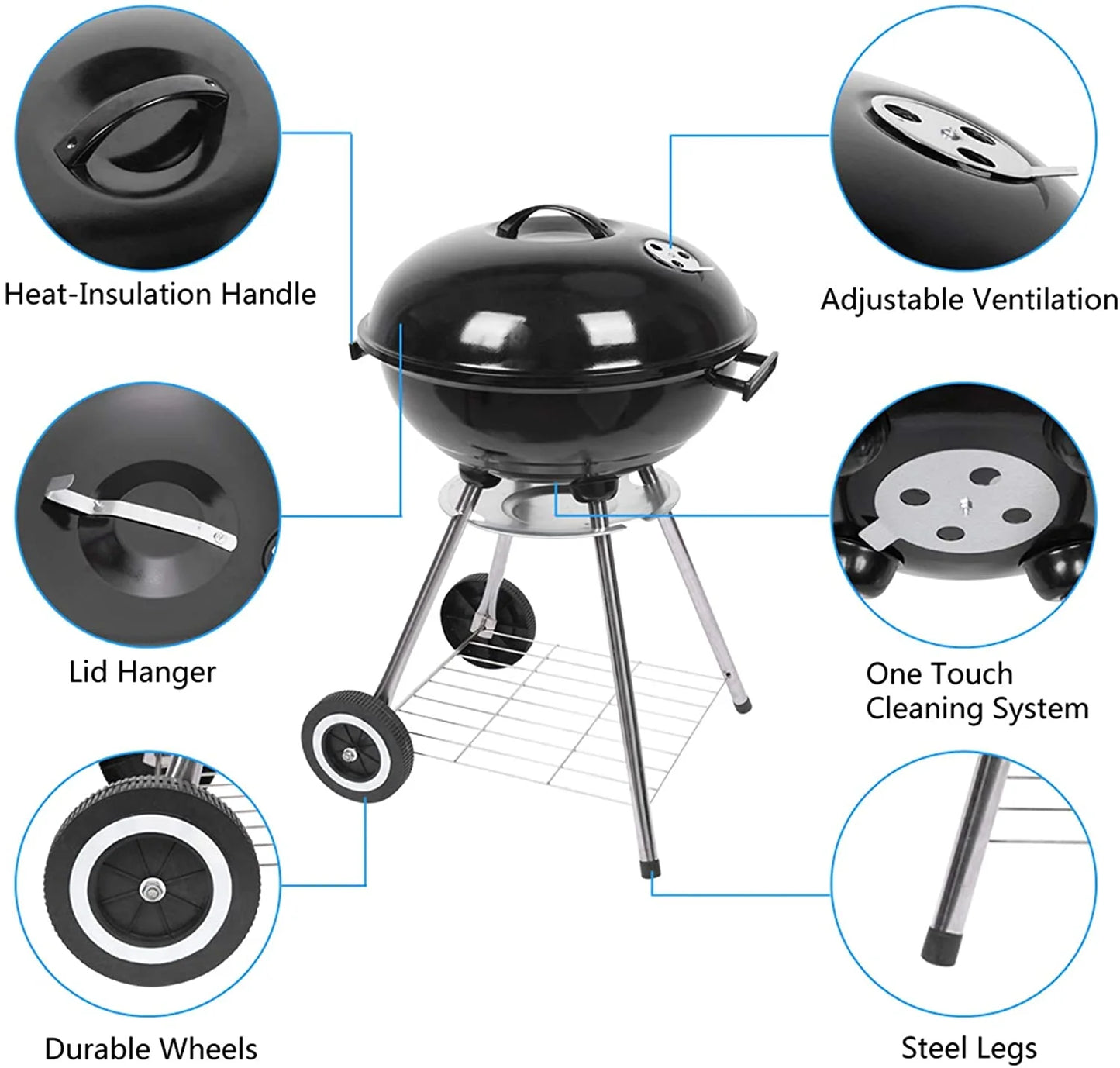 Charcoal grill, 18 inch stainless steel bbq charcoal with wheels and storage holder for camping, picnic, barbecue, party, outdoor activities