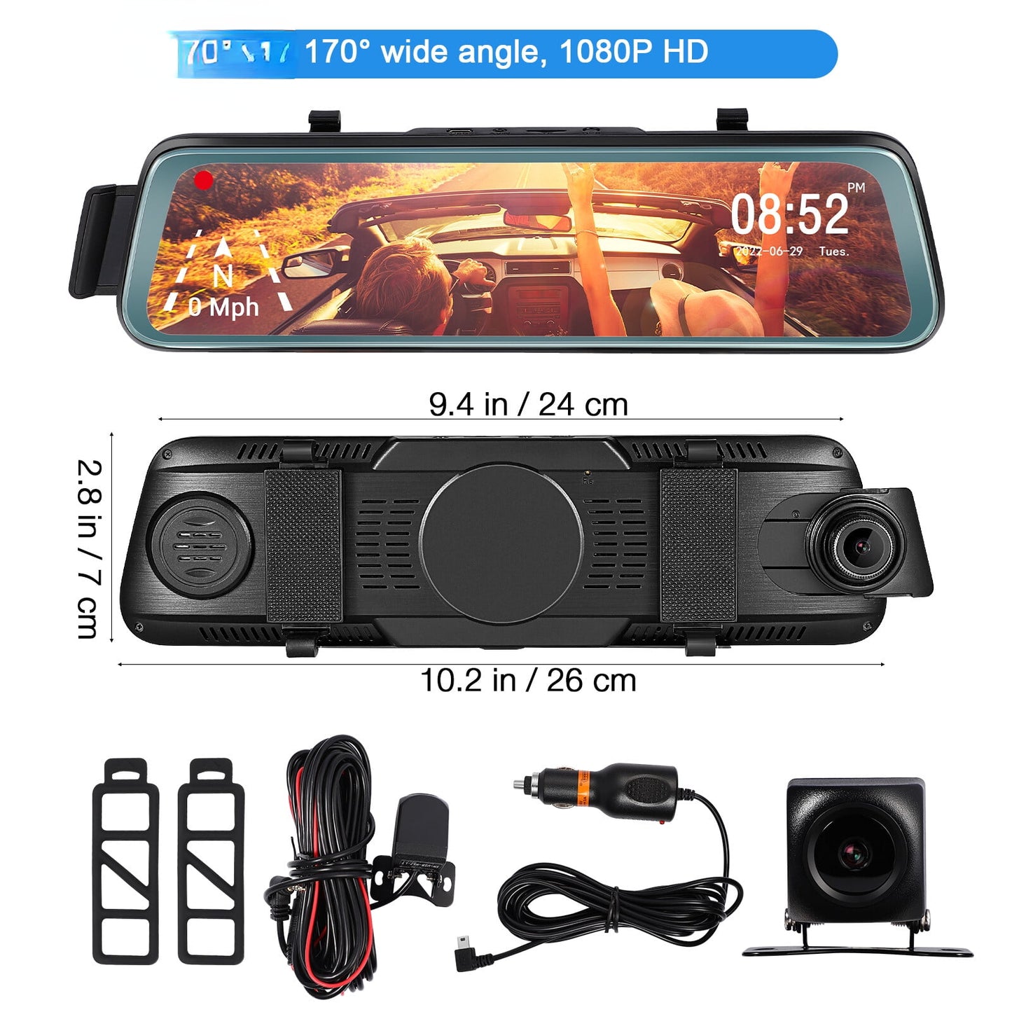 Cheefull 10' mirror camera front and rear 1080p backup camera  ' mirror dash cam rear viewfhd full touch screen w loop recording, g-sensor, parking monitor 170° wide angle