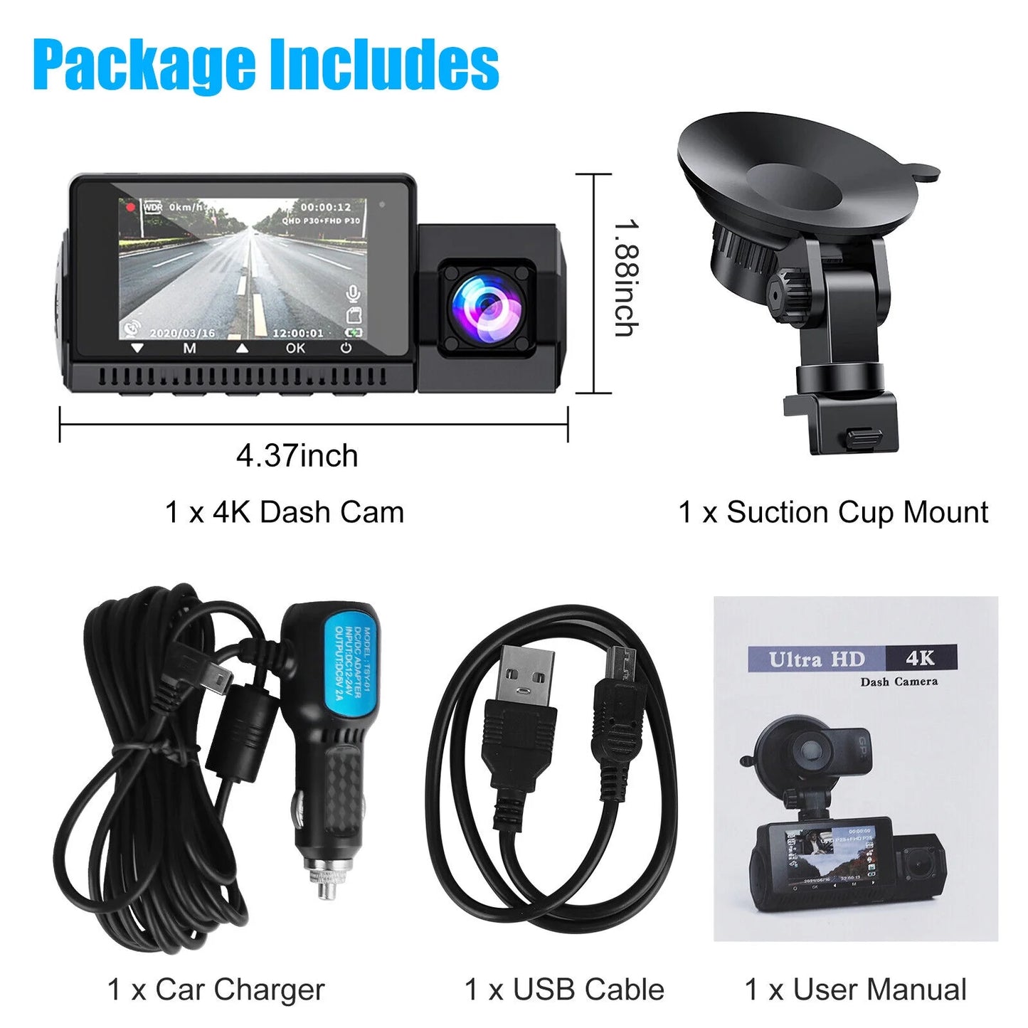 4k uhd 1080p dual dash cam front inside gps car dvr recorder camera night vision