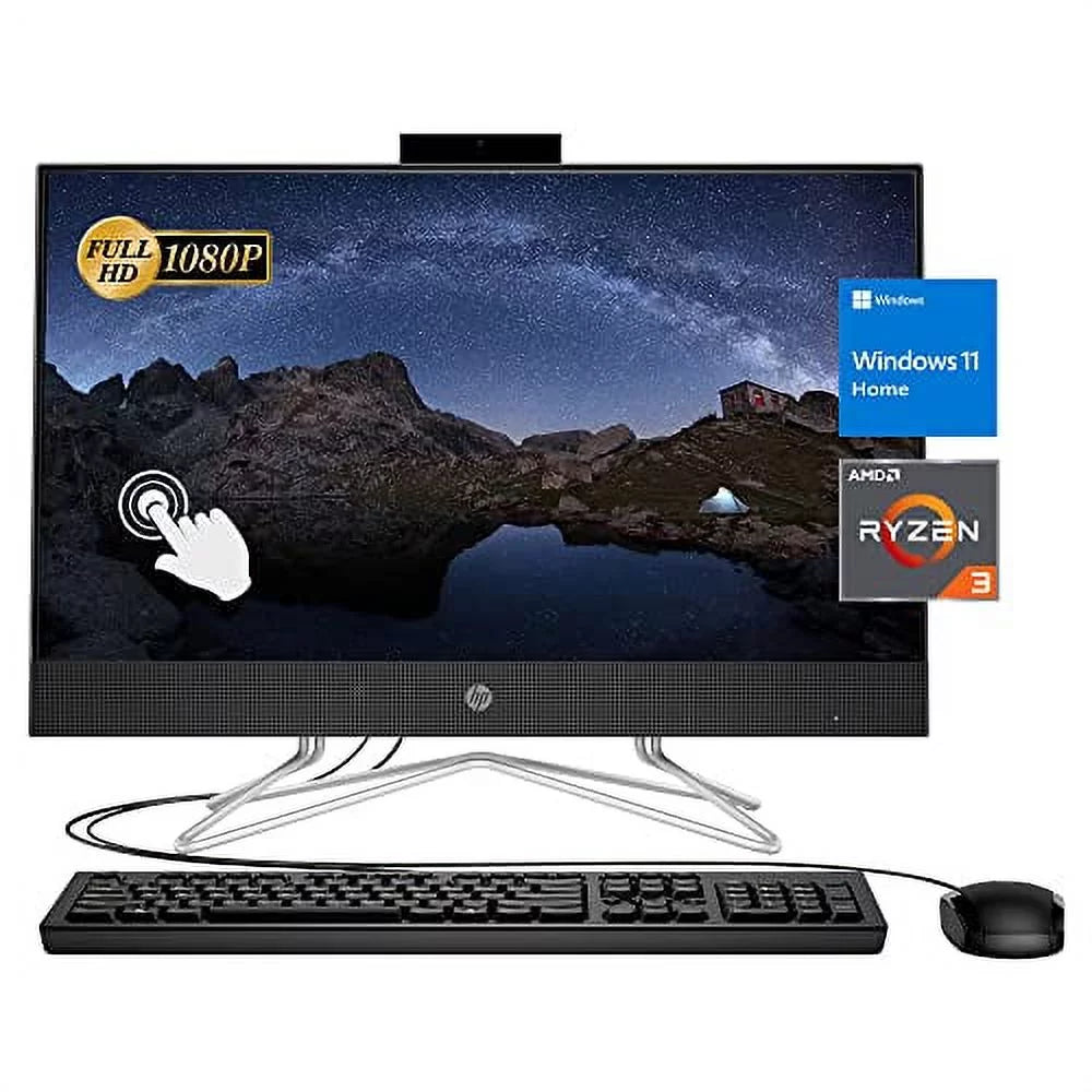 2022 newest hp all-in-one desktop, 22" fhd touch screen, amd ryzen 3 3250u, 12gb ram, 512gb ssd, webcam, dvd-rw, hdmi, rj-45, usb wired keyboard&mouse, wifi, windows 11 home, black