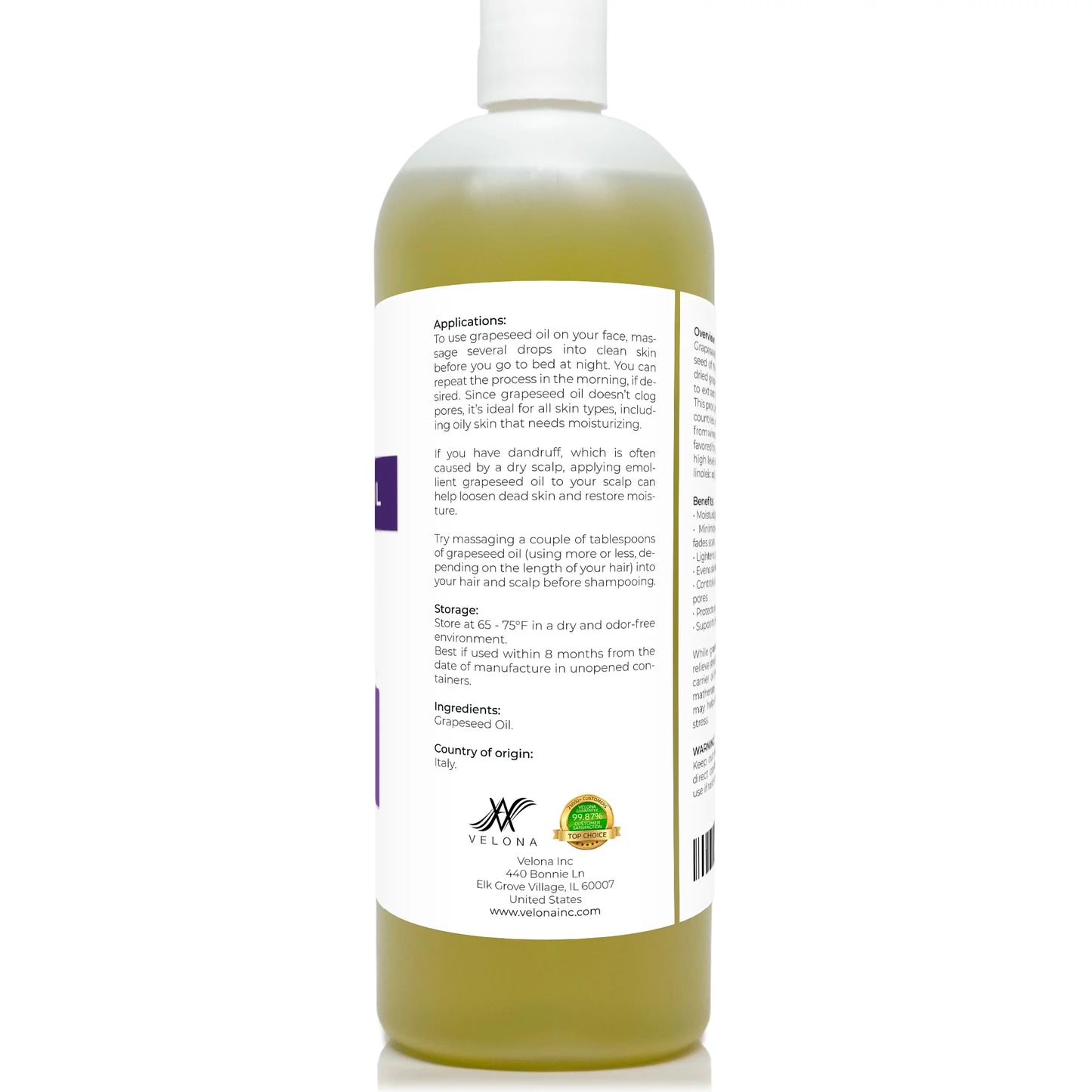 Velona grapeseed oil - 32 oz | 100% pure and natural carrier oil | refined, cold pressed | cooking, skin, face, body, hair care