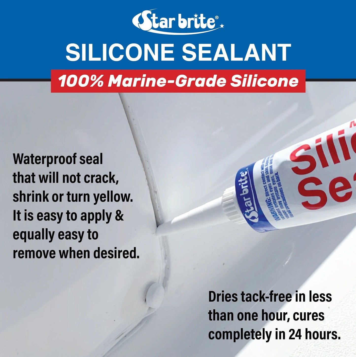 Star brite marine silicone sealant - clear, 10.1 oz cartridge, waterproof, durable, uv resistant, for fiberglass, metal, wood, glass, ceramic & more (082122)