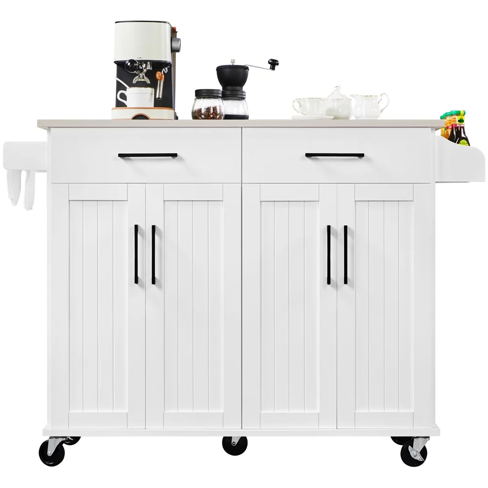 Yaheetech kitchen island with storage drawers & cabinets & towel bar & spice rack, white