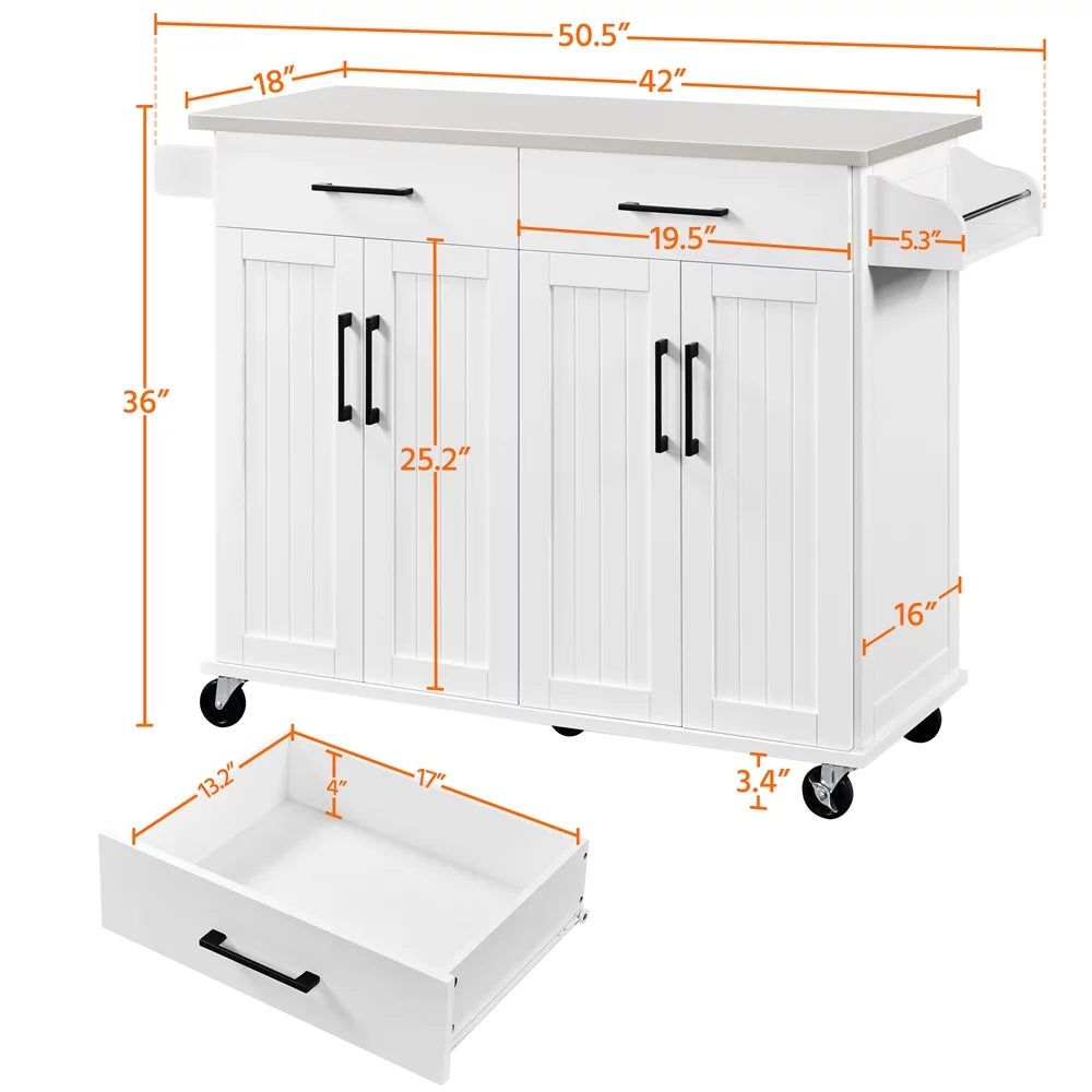 Yaheetech kitchen island with storage drawers & cabinets & towel bar & spice rack, white