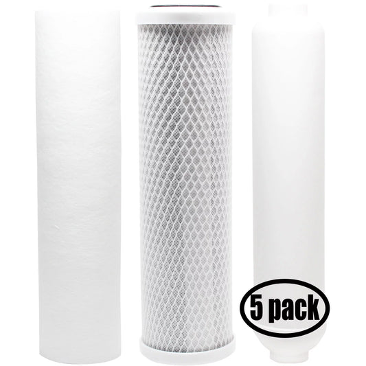 5-pack replacement for filter kit for us water systems 200-sentry-ix ro system - includes carbon block filter, pp sediment filter & inline filter cartridge - denali pure brand