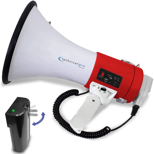 Technical pro portable 50-watt megaphone bullhorn speaker w/ siren and detachable microphone w/ rechargeable battery for